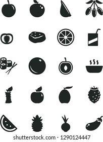 Solid Black Vector Icon Set - vector e, hot porridge, piece of meat, beet, garlic, sushi set, orange slice, apricot, tasty raspberry, loquat, goji berry, plum, half cherry, juicy lemon, stub, tomato
