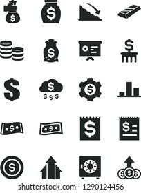 Solid Black Vector Icon Set - dollar vector, strongbox, coins, chart, recession, article on the, financial item, money, report, growth arrows, gold bar, bag hand, rain, coin, column, gear