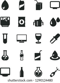 Solid Black Vector Icon Set - measuring cup for feeding vector, e, packing of juice with a straw, drop, screen, glass tea, soda can, bottle, round flask, oil, monitor, test tube, pipette, champagne