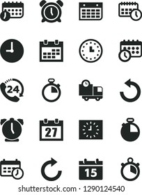 Solid Black Vector Icon Set - daily calendar vector, stopwatch, alarm clock, clockwise, counterclockwise, wall, timer, delivery, 24, watch, black, agenda, schedule