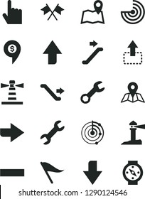 Solid Black Vector Icon Set - upward direction vector, downward, right, wind indicator, minus, index finger, map, move up, lighthouse, coastal, repair, radar, cross flags, dollar pin, escalator