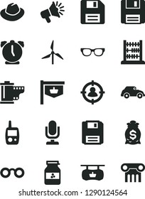 Solid Black Vector Icon Set - desktop microphone vector, floppy disk, hat, camera roll, toy mobile phone, abacus, alarm clock, jar of jam, windmill, retro car, vintage sign, man in sight, glasses