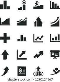 Solid Black Vector Icon Set - upward direction vector, growth up, plus, bar chart, graph, positive histogram, article on the dollar, financial report, carrer stairway, arrow, arrows, pedestal