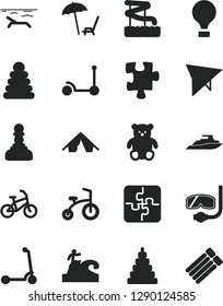Solid Black Vector Icon Set - stacking rings vector, toy, small teddy bear, child bicycle, Kick scooter, Puzzle, Puzzles, pawn, air balloon, hang glider, bike, tent, beach, arnchair under umbrella