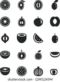 Solid Black Vector Icon Set - orange slice vector, half pomegranate, of medlar, mango, peach, melon, tangerine, loquat, cherry, passion fruit, kiwi, sour lime, guawa, piece coconut, grapefruit