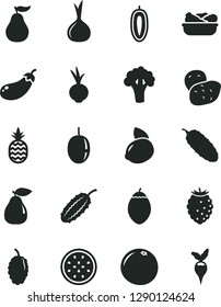 Solid Black Vector Icon Set - lettuce in a plate vector, cucumber, beet, pineapple, pear, tasty raspberry, mulberry, passion fruit, sweet date, yellow lemon, half of, tamarillo, grapefruit, onion