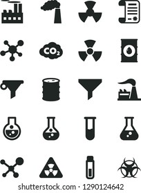 Solid Black Vector Icon Set - flask vector, manufacture, factory, oil, barrel, industrial building, radiation, carbon dyoxide, filter, water, research article, test tube, molecule, nuclear