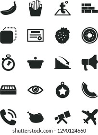 Solid Black Vector Icon Set - brick wall vector, temperature, eye, megaphone, copy, chicken, French fries, strawberries, slice of melon, banana, half kiwi, pan, recession, phone call, telescope