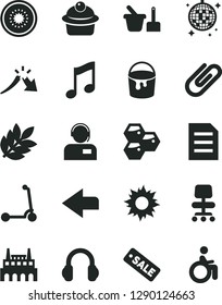 Solid Black Vector Icon Set - left direction vector, toy sand set, child Kick scooter, paint bucket, music, operator, clip, muffin, honeycombs, half of kiwi, industrial factory, a crisis, headphones