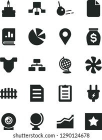 Solid Black Vector Icon Set - Child T shirt vector, fence, core, globe, flowchart, lens, birthday cake, marine propeller, plug, location, hierarchical scheme, money, pie charts, book on statistics