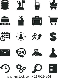 Solid Black Vector Icon Set - dollar vector, envelope, case, cart, put in, 24, barrel, electric car, trolley with coal, gears, mobile phone, magnifier, history, schedule clock, pawn, man arrow up