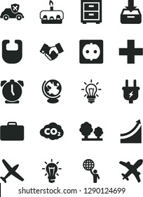 Solid Black Vector Icon Set - plus vector, bedside table, bib, alarm clock, put in a box, torte, plug, power socket, trees, autopilot, carbon dyoxide, handclasp, bulb, light, globe, growth graph