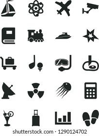 Solid Black Vector Icon Set - calculator vector, atom, nuclear, book, artifical insimination, growth graph, satellite antenna, bang, train, sail boat, rolling suitcase, plane, cocktail, diving mask