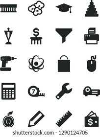 Solid Black Vector Icon Set - repair key vector, yardstick, paper bag, calculator, stacking toy, cordless drill, long meashuring tape, popcorn, half of guawa, filter, pencil, radiator fan, mouse