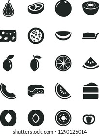 Solid Black Vector Icon Set - piece of cheese vector, pizza, cake, slice, bacon, plum, melon, water, half peach, lemon, kiwi, sour lime, coconut, grapefruit, part guava, tomato