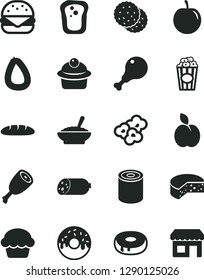 Solid Black Vector Icon Set - sausage vector, stick of, cheese, loaf, tin, big burger, cake, muffin, with a hole, glazed, bowl buckwheat porridge, chicken leg, thigh, popcorn, cup, apple, biscuit