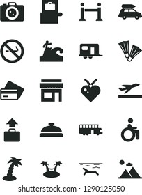 Solid Black Vector Icon Set - car baggage vector, camper, bus, rope barrier, scanner, departure, credit card, beach, palm tree, flippers, surfing, disabled, camera, store, no smoking sign, hammok