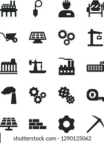 Solid Black Vector Icon Set - workman vector, brick wall, cogwheel, building trolley, concrete mixer, measuring tape, plummet, solar panel, oil derrick, manufacture, hydroelectricity, industrial