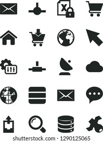 Solid Black Vector Icon Set - sign of the planet vector, envelope, upload archive data, house, magnifier, speech, big, cart, put in, satellite antenna, encrypting, connect, mail, settings, cursor