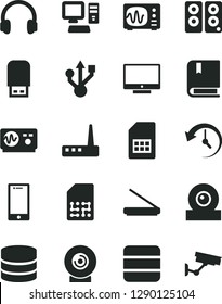 Solid Black Vector Icon Set - vector e, screen, smartphone, lens, SIM card, computer, web camera, usb, router, scanner, flash, headphones, pc speaker, big data, history, oscilloscope, surveillance