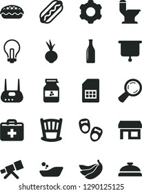 Solid Black Vector Icon Set - incandescent lamp vector, first aid kit, cradle, children's bathroom, shoes for little children, cogwheel, comfortable toilet, Hot Dog, apple pie, beet, jar of jam