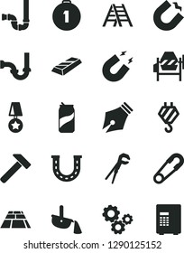 Solid Black Vector Icon Set - safety pin vector, hook, concrete mixer, adjustable wrench, ladder, siphon, sewerage, paving slab, hammer, soda can, horseshoe magnet, steel production, gears, ink pen