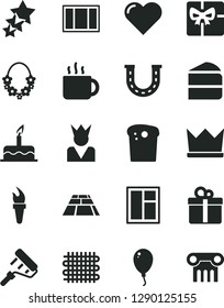 Solid Black Vector Icon Set - balloon vector, cake, window, frame, paint roller, paving slab, heart, gift, Easter, piece of, cup tea, weaving, giftbox, flame torch, luck, king, crown, three stars