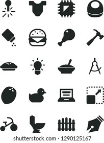 Solid Black Vector Icon Set - laptop vector, baby powder, bib, Child T shirt, duckling, tricycle, toilet, hedge, hammer with claw, expand picture, big burger, pie, a bowl of buckwheat porridge, smd