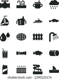 Solid Black Vector Icon Set - mug for feeding vector, measuring cup, rainy cloud, shower, construction level, new radiator, small fish, a glass of soda, can, valve, drop, pipe, aluminum, globe, pool