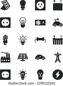 Solid Black Vector Icon Set - bulb vector, power socket type f, solar panel, accumulator, battery, line, industrial building, energy saving, electric car, transport, light, pc supply, sun, resistor