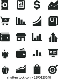 Solid Black Vector Icon Set - purse vector, line chart, negative histogram, positive, crossed cart, bag with handles, Bell pepper, ripe, oil, kiosk, statistical report, denomination of the dollar