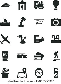 Solid Black Vector Icon Set - plane vector, train, bus, air balloon, backpacker, security gate, passort control, credit card, hotel, beach, uv cream, palm tree, pool, camera, map, shark fin, yacht