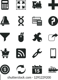 Solid Black Vector Icon Set - bell vector, renewal, plus, rss feed, question, calculation, calendar, smartphone, put in cart, size, move right, steel repair key, filter, mouse, dna, satellite, train