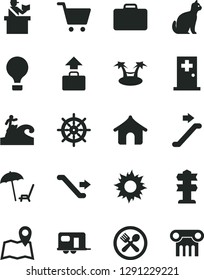 Solid Black Vector Icon Set - camper vector, air balloon, escalator, suitcase, passort control, baggage, boungalow, arnchair under umbrella, sun, medical room, cafe, surfing, pets, map, cart, column
