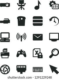 Solid Black Vector Icon Set - Easter cake vector, computer, encrypting, keyboard, monitor, printer, network, lan connector, wireless, projector, magnifier, note, joystick, chair, big data, mail