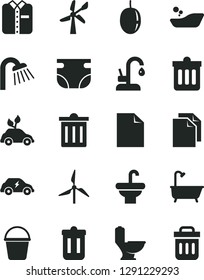 Solid Black Vector Icon Set - bin vector, clean sheet of paper, nappy, children's bathroom, bucket, washbasin, toilet, bath, shower, kitchen faucet, dust, folded shirt, passion fruit, windmill