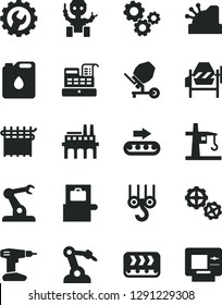 Solid Black Vector Icon Set - winch hook vector, gears, concrete mixer, drill, gear, industrial enterprise, conveyor, production, canister of oil, cloth industry, tower crane, robot welder, assembly