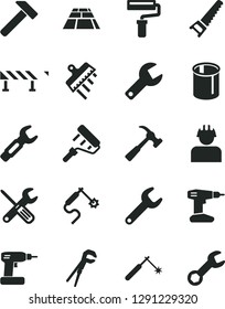 Solid Black Vector Icon Set - paint roller vector, repair key, small tools, adjustable wrench, cordless drill, hand saw, spatula, paving slab, road fence, hammer, with claw, builder, pipes, welding