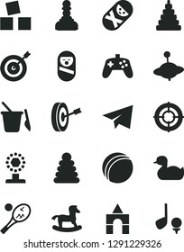 Solid Black Vector Icon Set - paper airplane vector, rubber duck, bath ball, stacking rings, toy, roly poly doll, tumbler, children's sand set, yule, small rocking horse, cubes for children, cup
