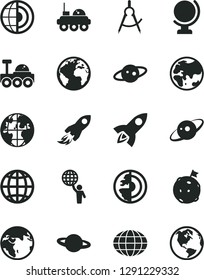 Solid Black Vector Icon Set - sign of the planet vector, globe, earth, scribed compasses, space rocket, core, saturn, lunar rover, man hold world, flag on moon