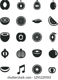 Solid Black Vector Icon Set - music vector, slices of onion, orange slice, half apricot, pomegranate, medlar, mango, peach, tangerine, loquat, cherry, passion fruit, kiwi, piece coconut, grapefruit