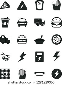Solid Black Vector Icon Set - lightning vector, dangers, car, delivery, pizza, piece of, mini hot dog, big burger, a bowl buckwheat porridge, French fries, fried potato slices, Chinese chopsticks