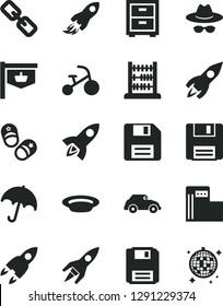 Solid Black Vector Icon Set - floppy disk vector, spectacles, hat with glasses, bedside table, tricycle, child shoes, abacus, umbrella, plate, modern gas station, retro car, vintage sign, rocket