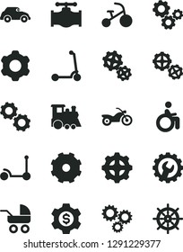 Solid Black Vector Icon Set - truck lorry vector, baby carriage, children's train, tricycle, Kick scooter, child, gears, cogwheel, gear, valve, retro car, three, dollar, motorcycle, disabled