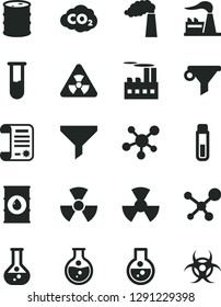 Solid Black Vector Icon Set - round flask vector, manufacture, factory, oil, barrel, industrial building, radiation, carbon dyoxide, filter, water, research article, test tube, molecule, nuclear