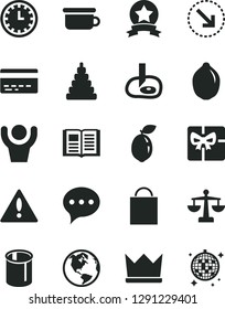 Solid Black Vector Icon Set - warning vector, clock face, paper bag, bank card, scales, stacking toy, children's potty, speech, book, right bottom arrow, lime, sour, pipes, giftbox, star ribbon