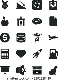 Solid Black Vector Icon Set - heart symbol vector, download archive data, storage unit, Puzzles, big, no sound, piece of meat, apple, beet, gas station, power pole, recession, dollar, file, rocket