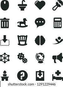 Solid Black Vector Icon Set - bin vector, download archive data, question, cradle, beanbag, small rocking horse, washbasin, heart, speech, megaphone, move down, gears, mouse, brain, globe, 3d cube
