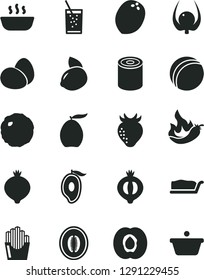 Solid Black Vector Icon Set - bath ball vector, eggs, tin, cake slice, hot porridge, cabbage, fried potato slices, a glass of soda, half apricot, strawberry, medlar, mango, loquat, melon, coconut