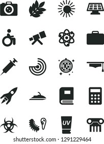 Solid Black Vector Icon Set - calculator vector, telescope, atom, bactery, book, biohazard, graduate hat, radar, sun panel, rocket, biology, syringe, suitcase, uv cream, disco ball, disabled, camera